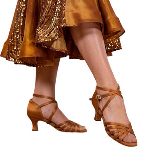 RoseMoli Latin Ballroom Dance Heels Bronze Satin Strappy Sandals Size 41